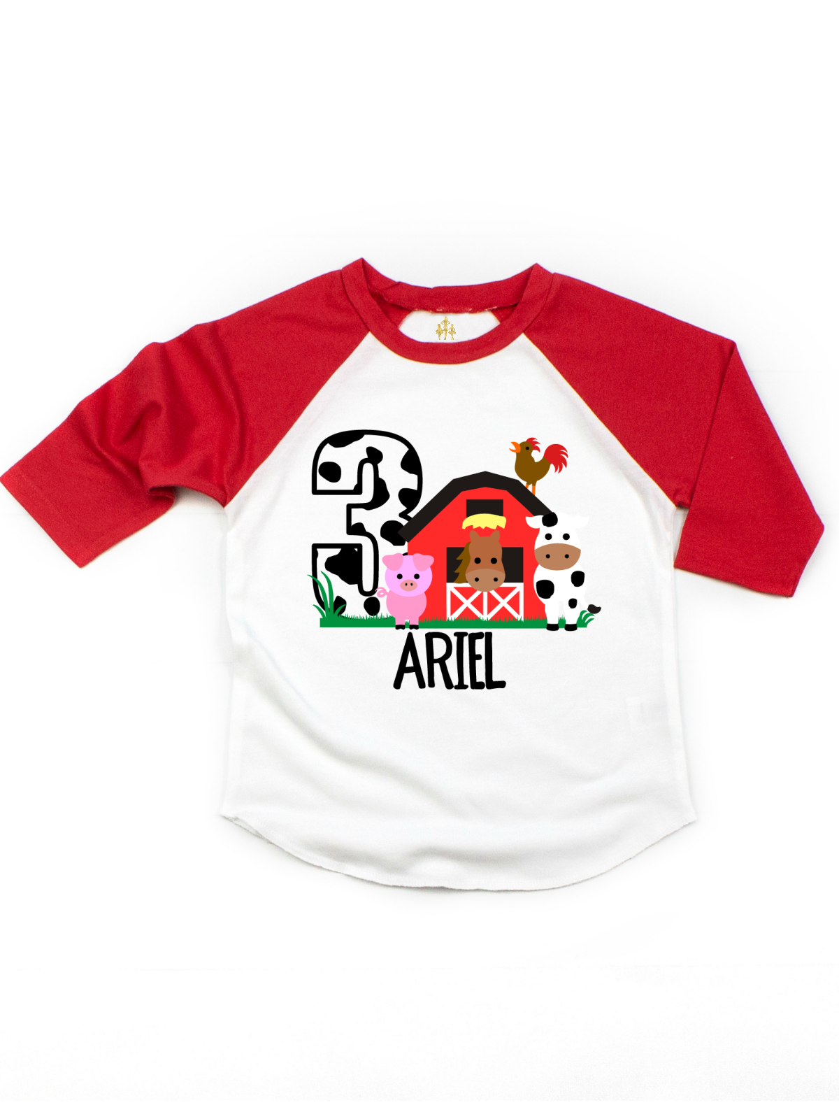 red and white kids farm animals birthday shirt