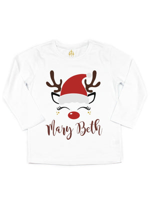 girls reindeer in a santa hat personalized t-shirt