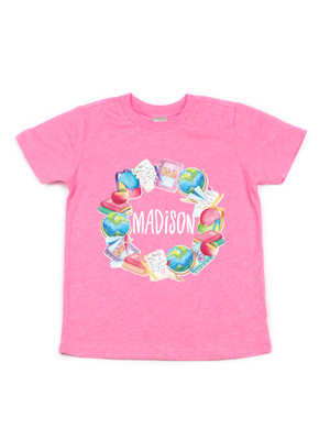 Personalized School Wreath Kids Shirt - Pink, Blue, & Green