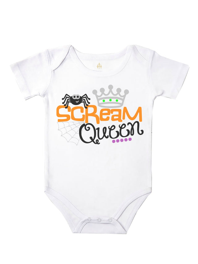 Short sleeve Baby Halloween Bodysuit that reads Scream Queen