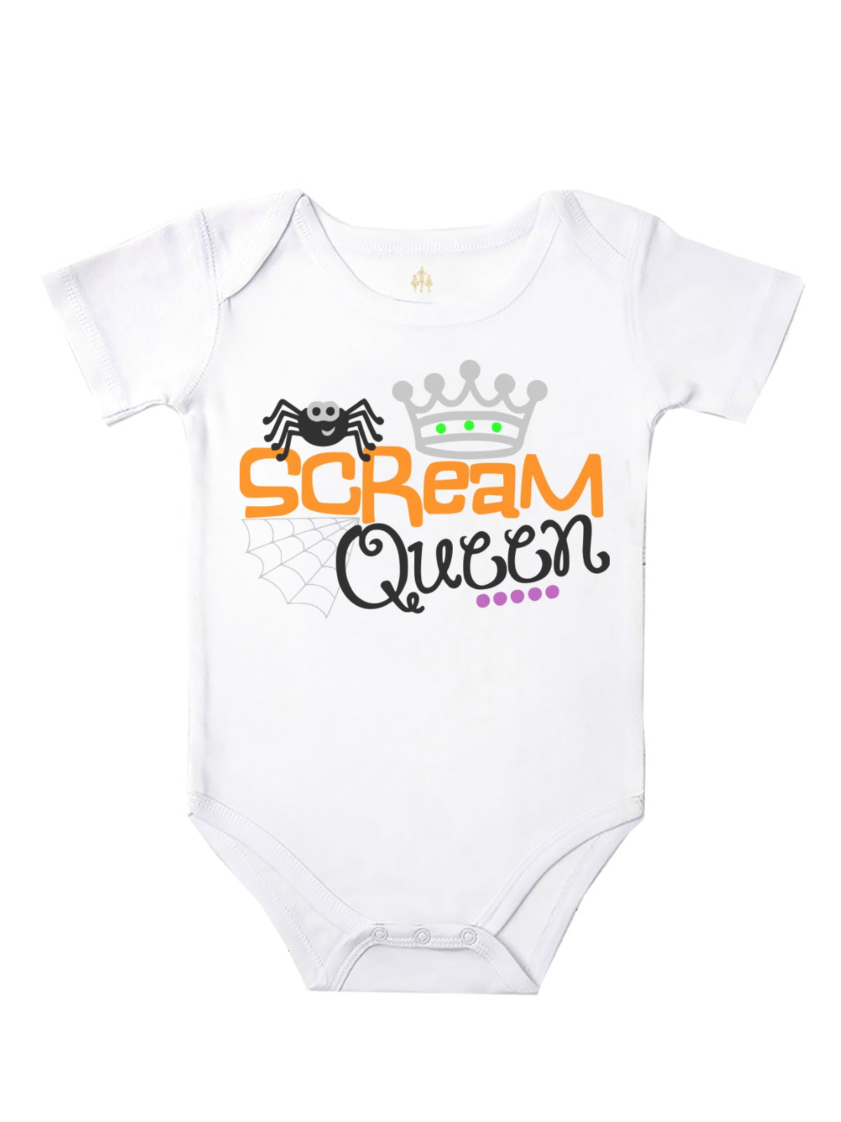 Long sleeve white baby Halloween bodysuit reading Scream Queen