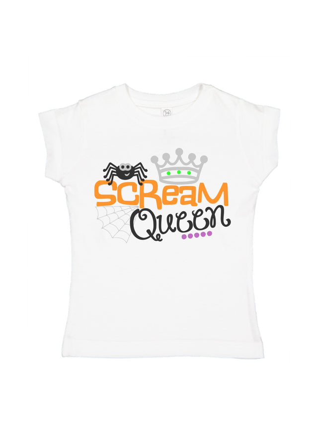 Short sleeve white shirt that reads Scream Queen with a spider