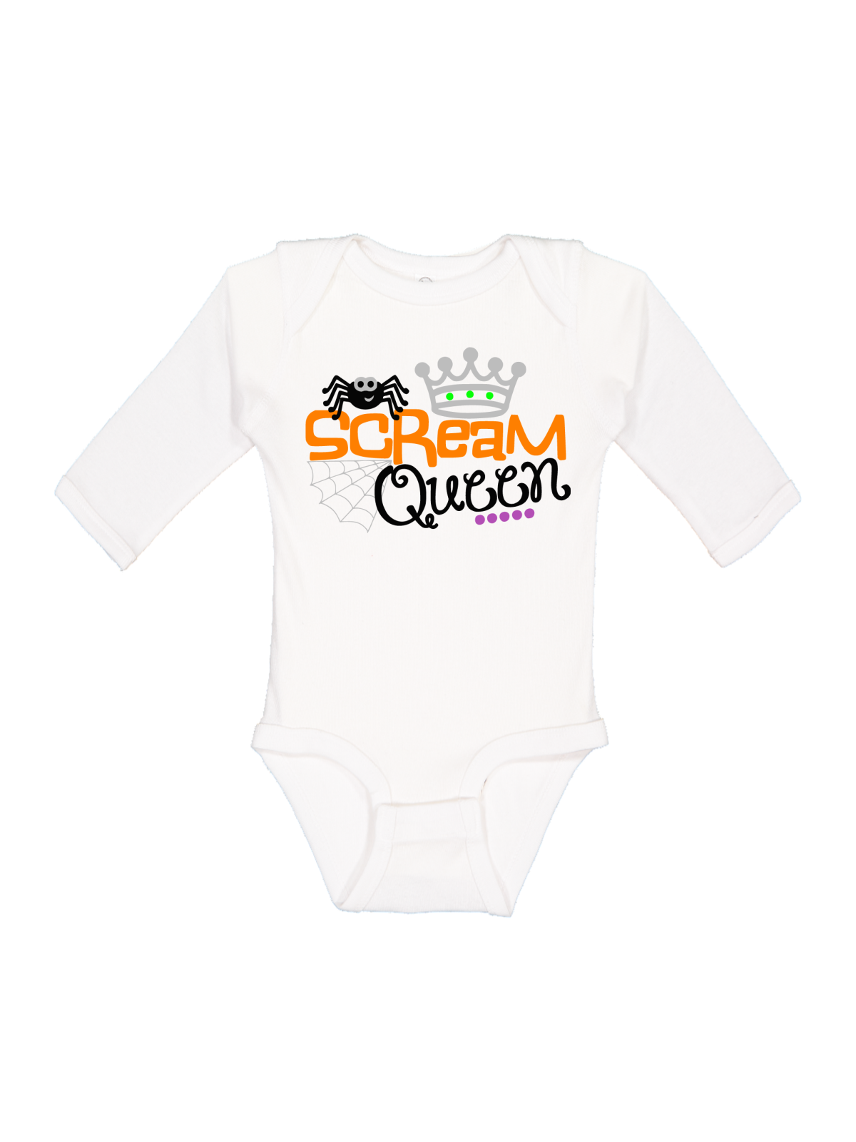Long sleeve white baby Halloween bodysuit reading Scream Queen