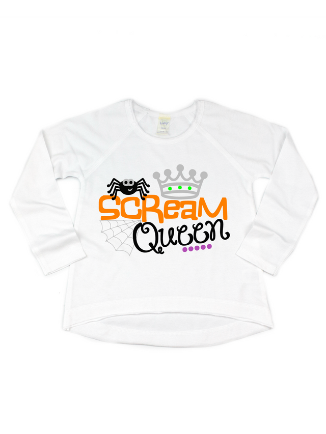 Long sleeve white shirt that reads Scream Queen