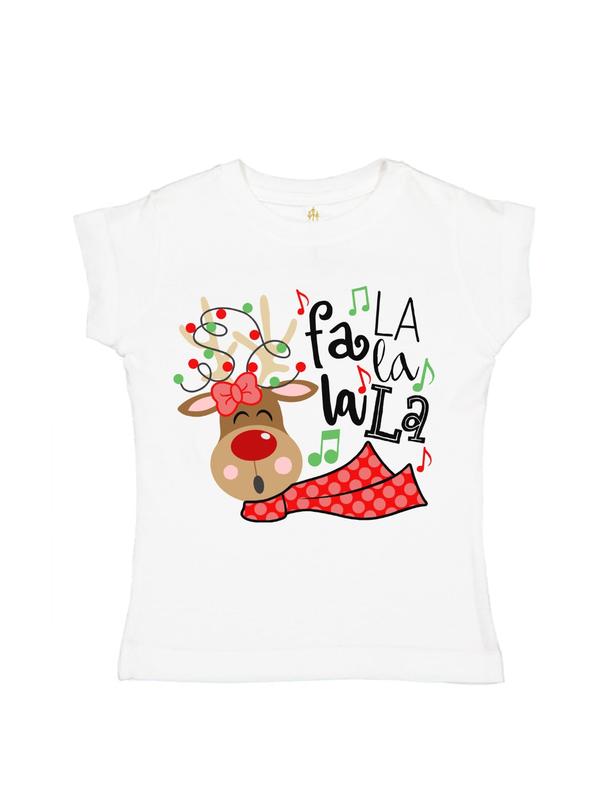 Young girl wearing white long sleeve shirt with reindeer singing Fa la la la and Christmas leggings