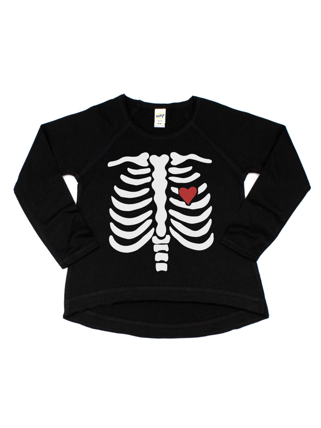 Long Sleeve Black Shirt with Skeleton and red heart