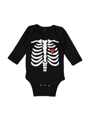 Black long sleeve baby bodysuit with skeleton bones and red heart design