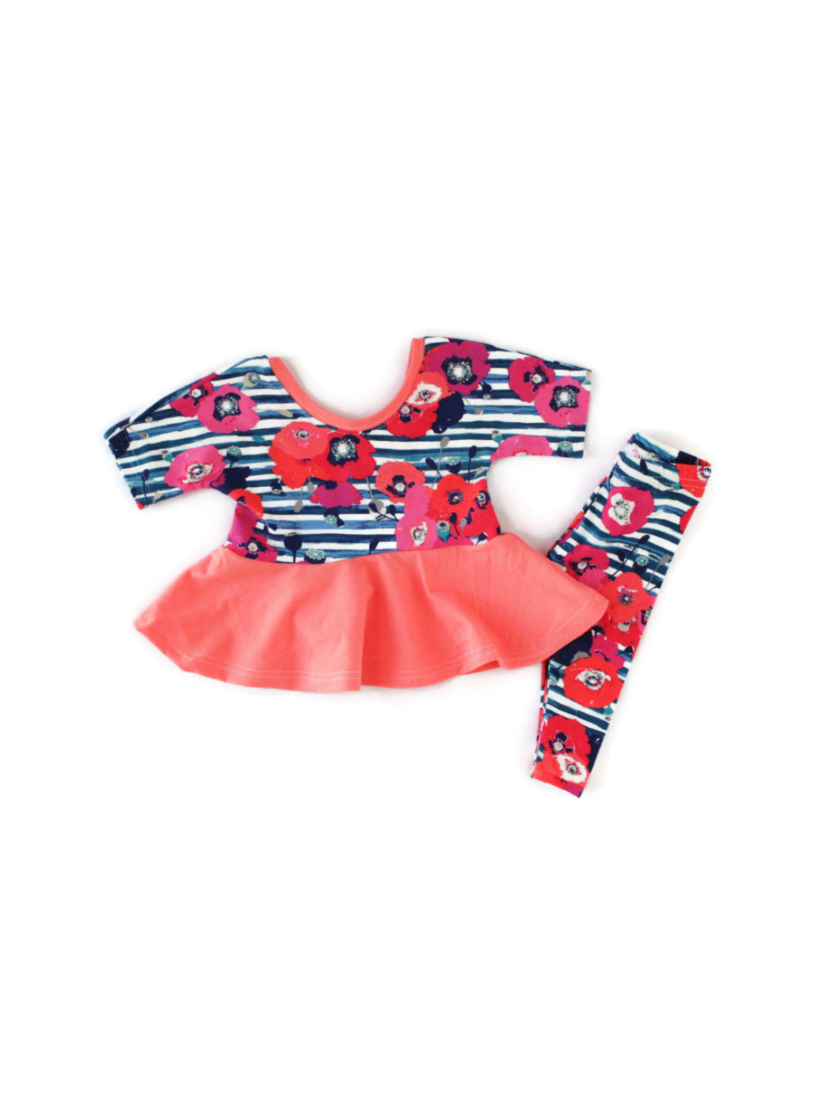 flowers and stripes pink blue and peach baby girl outfit
