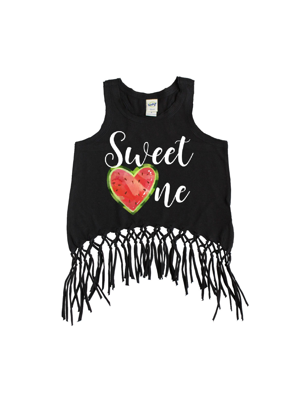 Sweet One Watermelon Sleeveless Fringe Girls Shirt - White & Black