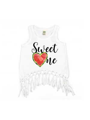 Sweet One Watermelon Sleeveless Fringe Girls Shirt - White & Black