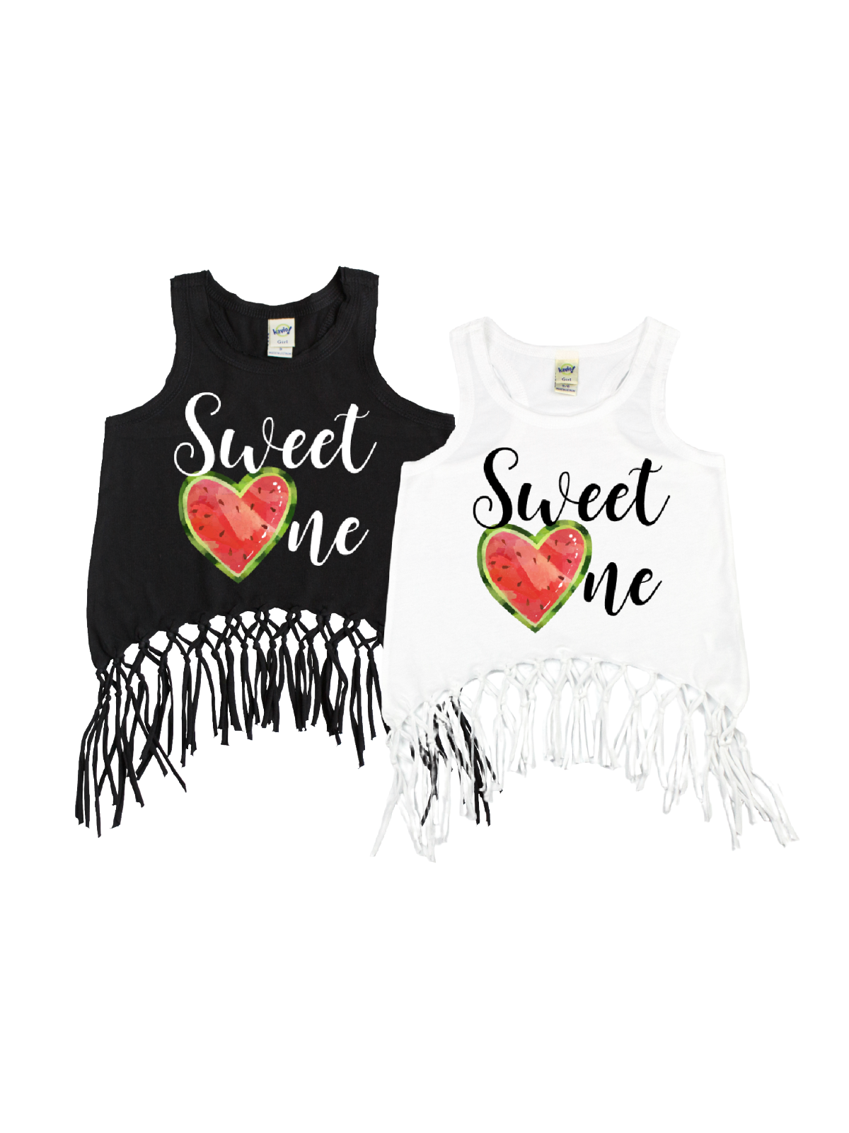 Sweet One Watermelon Sleeveless Fringe Girls Shirt - White & Black