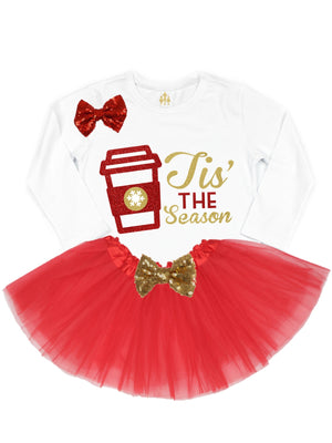 tis the season girls tutu outfit red and gold