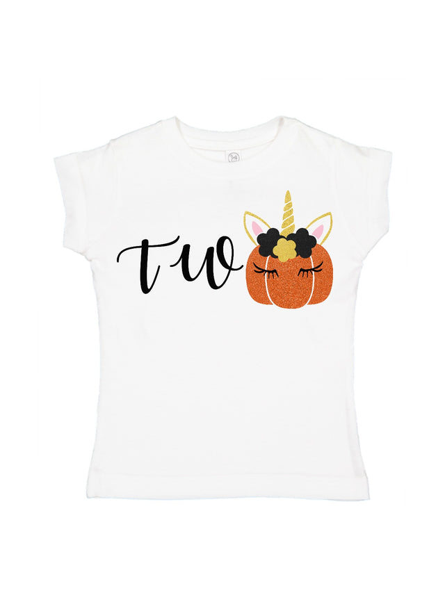White short sleeve kids shirt that reads TWO unicorn pumpkin