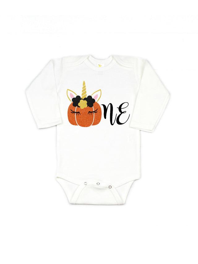 Long Sleeve White ONE Unicorn Pumpkin Baby Bodysuit
