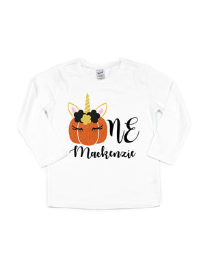 girls personalized unicorn pumpkin birthday shirt