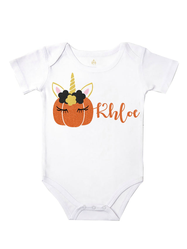 Personalized Girls Halloween Bodysuit with Unicorn Pumpkin