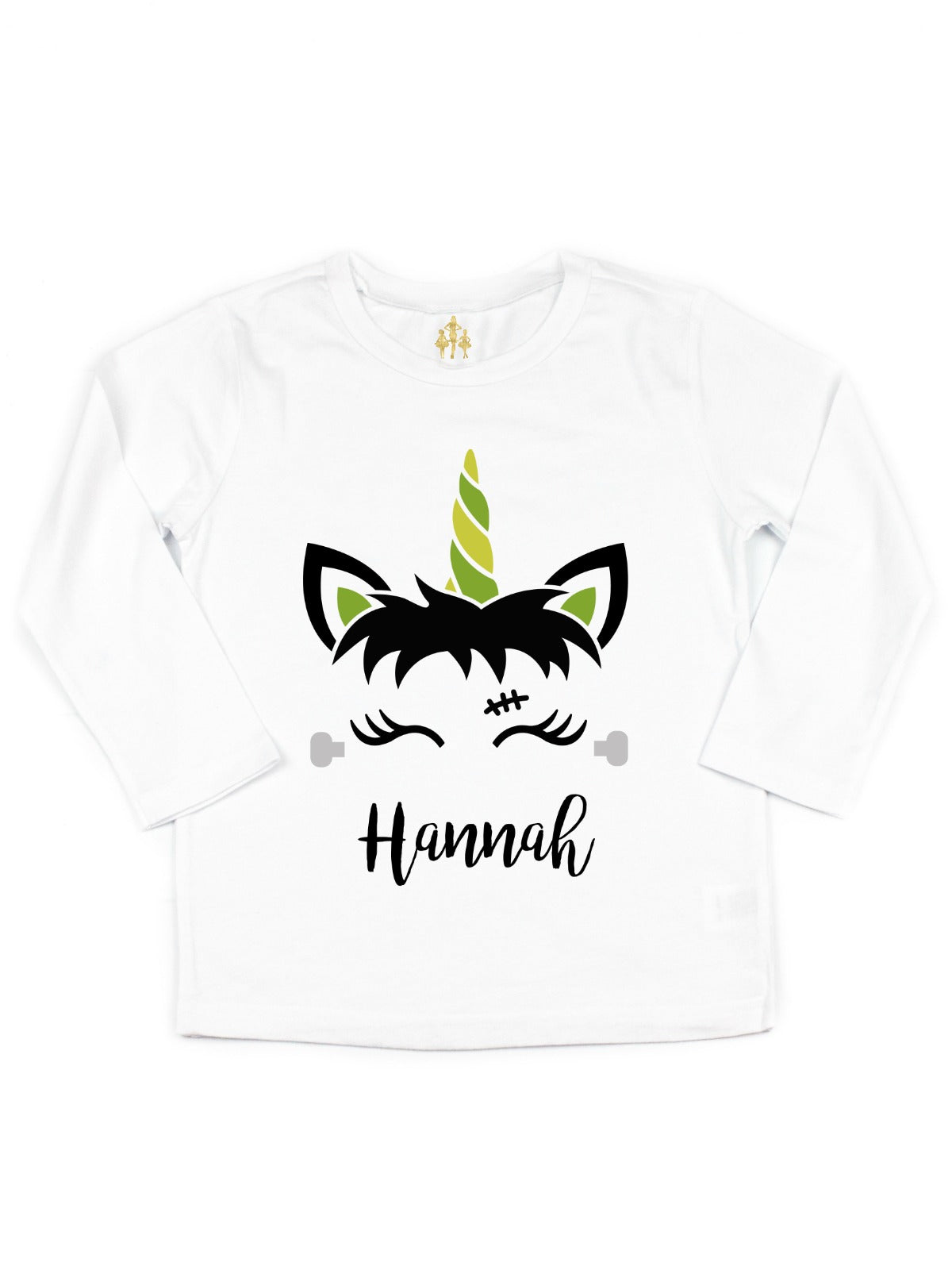 Short sleeve white girls Halloween shirt with Green and Black Unicorn Frankenstein Face
