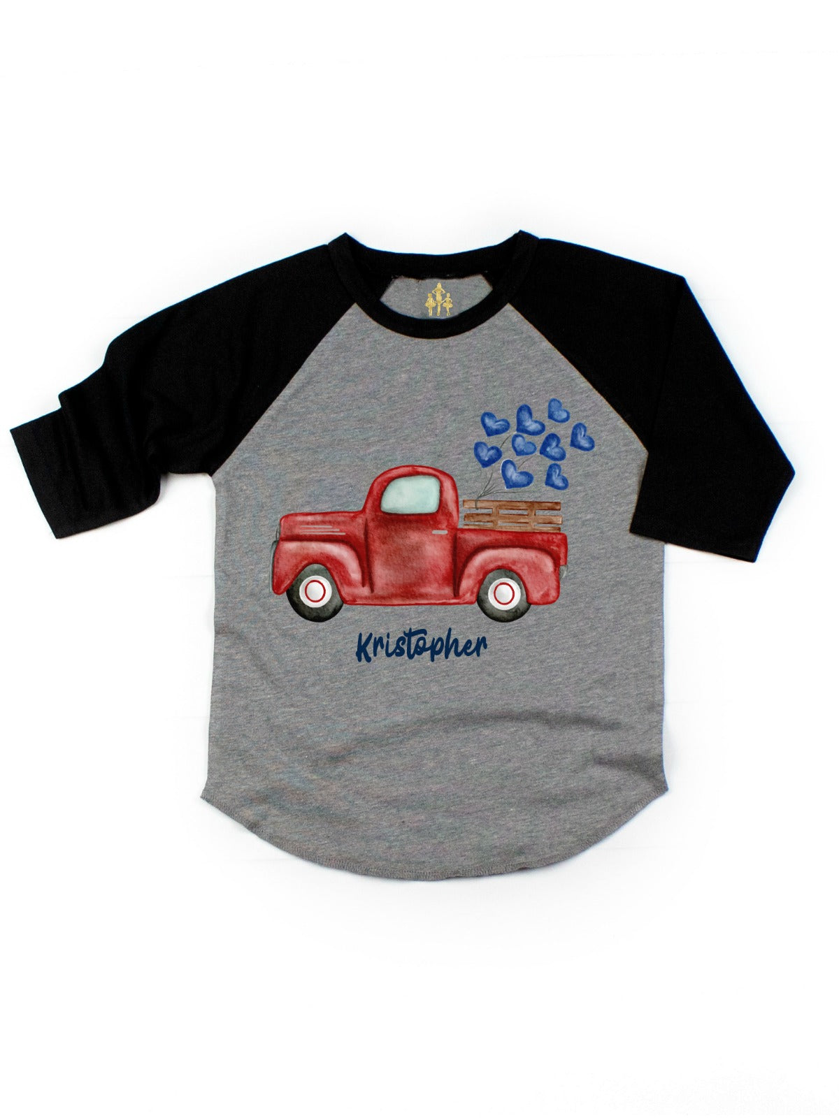 Black and gray kids raglan style shirt with vintage red truck and blue hearts personalized with name