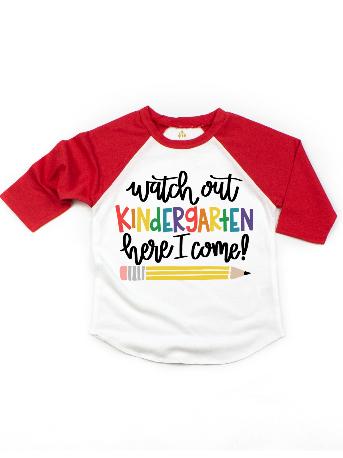 “Watch Out Kindergarten Here I Come” raglan kids t-shirt with red sleeves and rainbow text, perfect for Pre-K graduation or first day of school