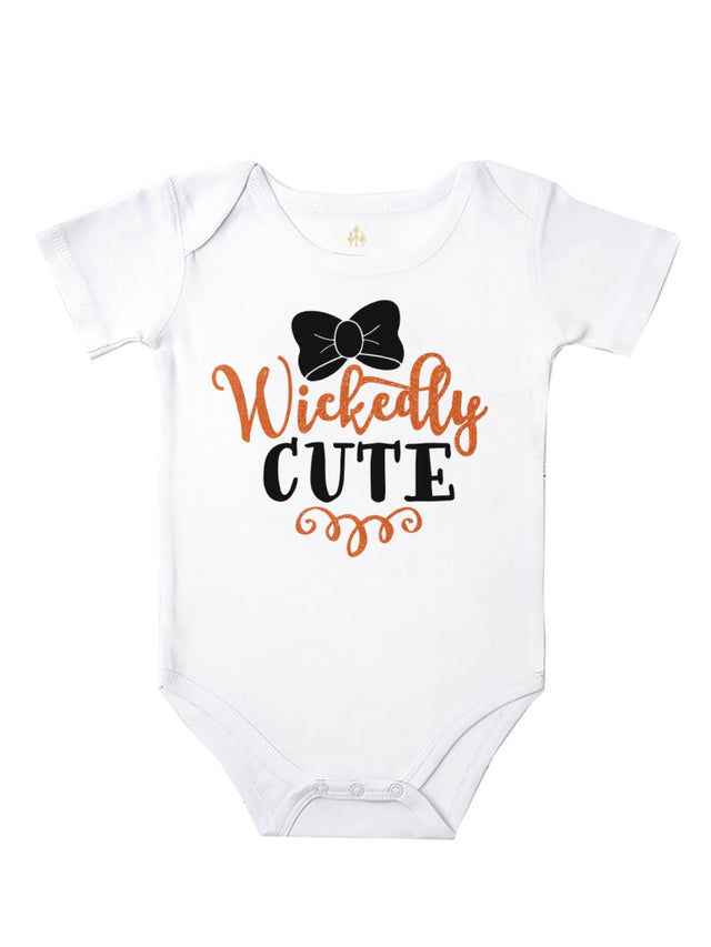 White, short sleeve infant bodysuit that reads Wickedly Cute