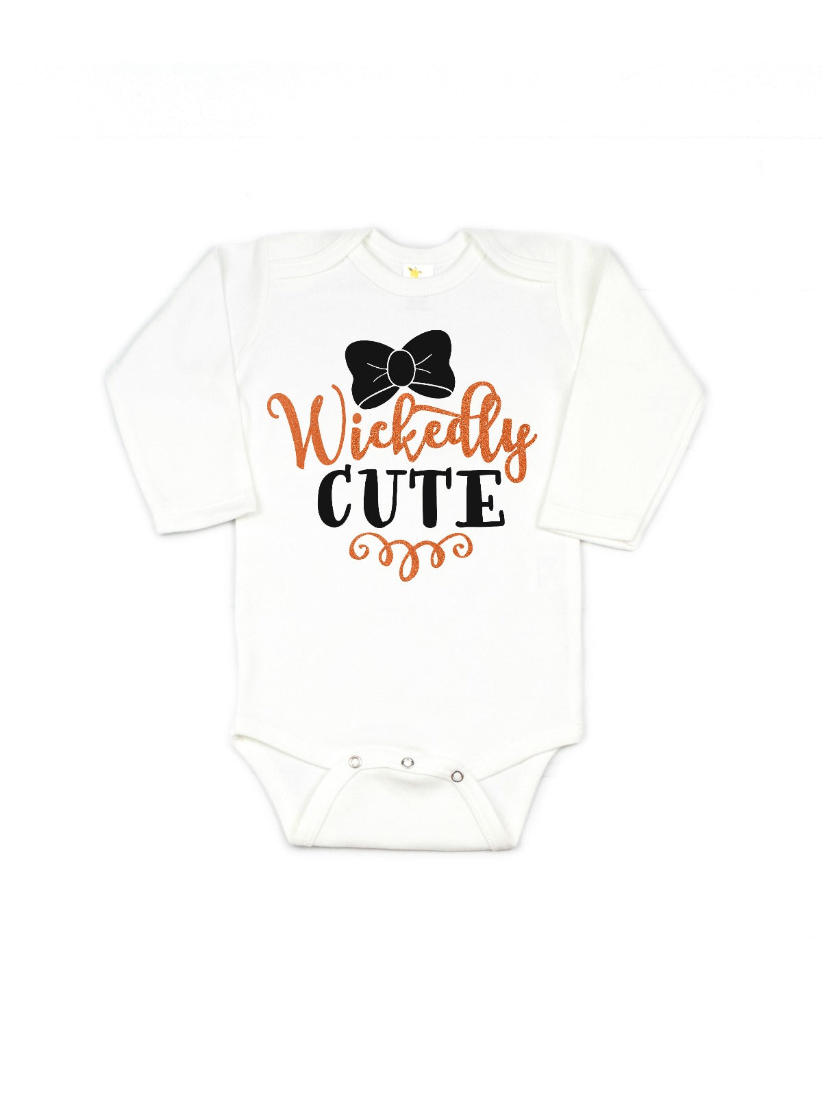 Long sleeve white infant bodysuit that reads Wickedly Cute