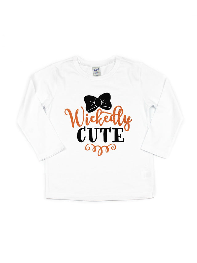 Long sleeve white girls Halloween shirt that reads Wickedly Cute