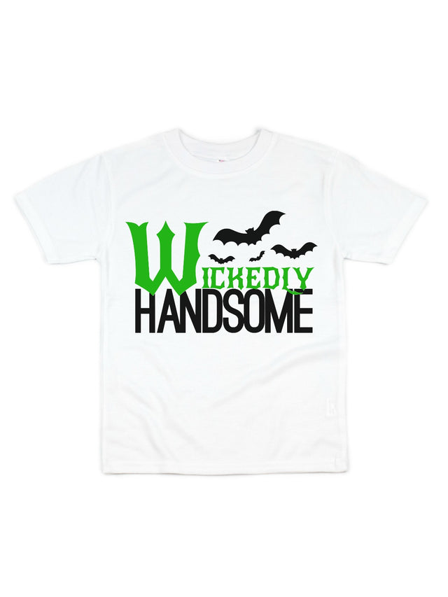 Short sleeve white shirt that reads Wickedly Handsome with bats in black and green writing
