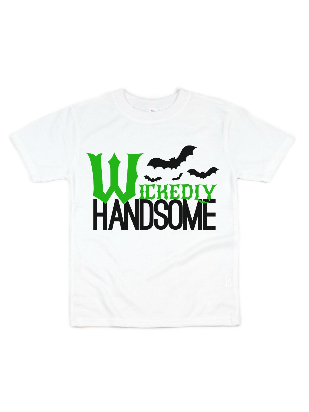 Short sleeve white shirt that reads Wickedly Handsome with bats in black and green writing