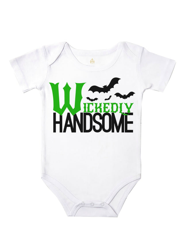 short sleeve infant bodysuit that reads wickedly handsome in green and black writing