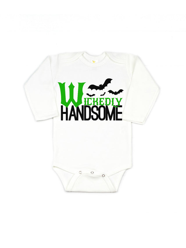 Long sleeve baby bodysuit that reads wickedly handsome with bats in green and black writing