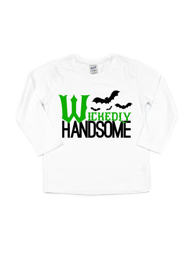 Long sleeve white shirt that reads wickedly handsome with bats in green and black writing