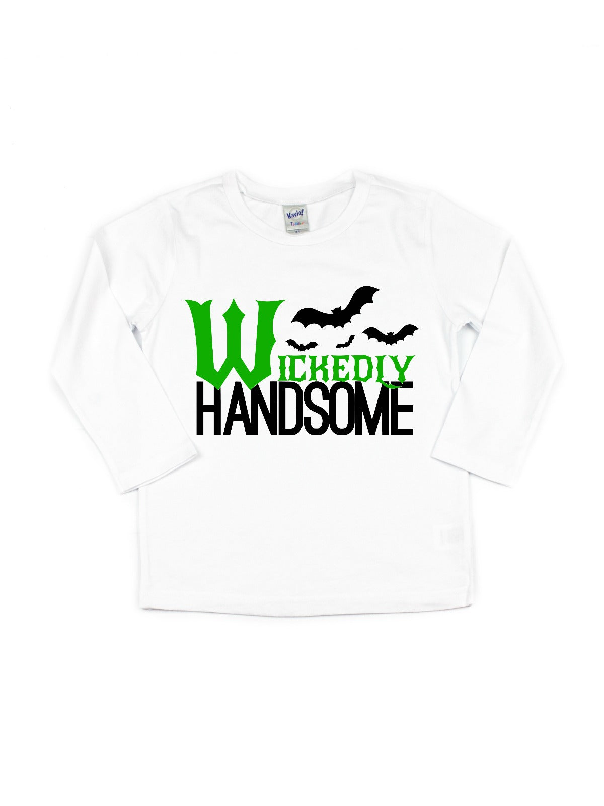 Short sleeve white shirt that reads Wickedly Handsome with bats in black and green writing