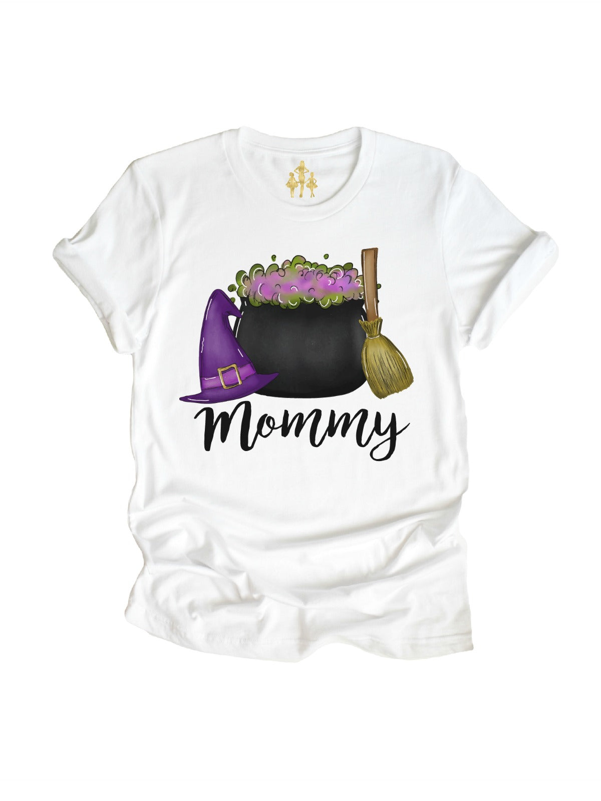 Adult Shirt in White with Witch Hat, Cauldron, and Broom, Short Sleeve