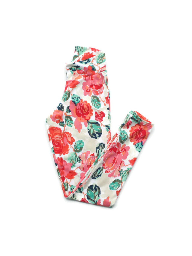 Women's handmade cotton leggings in coral pink floral print with yoga waistband