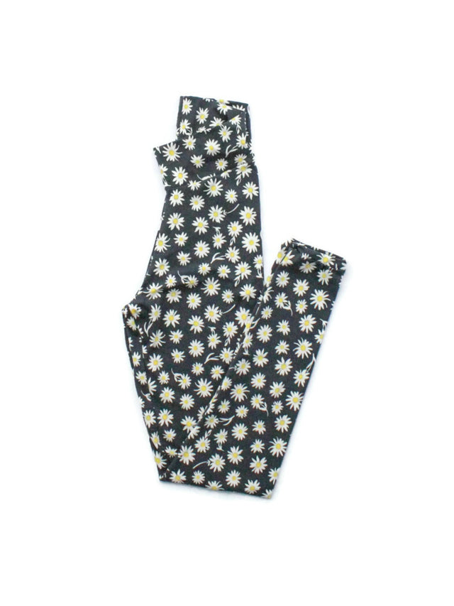 Black women’s leggings with white daisy floral print and yoga-style waistband


