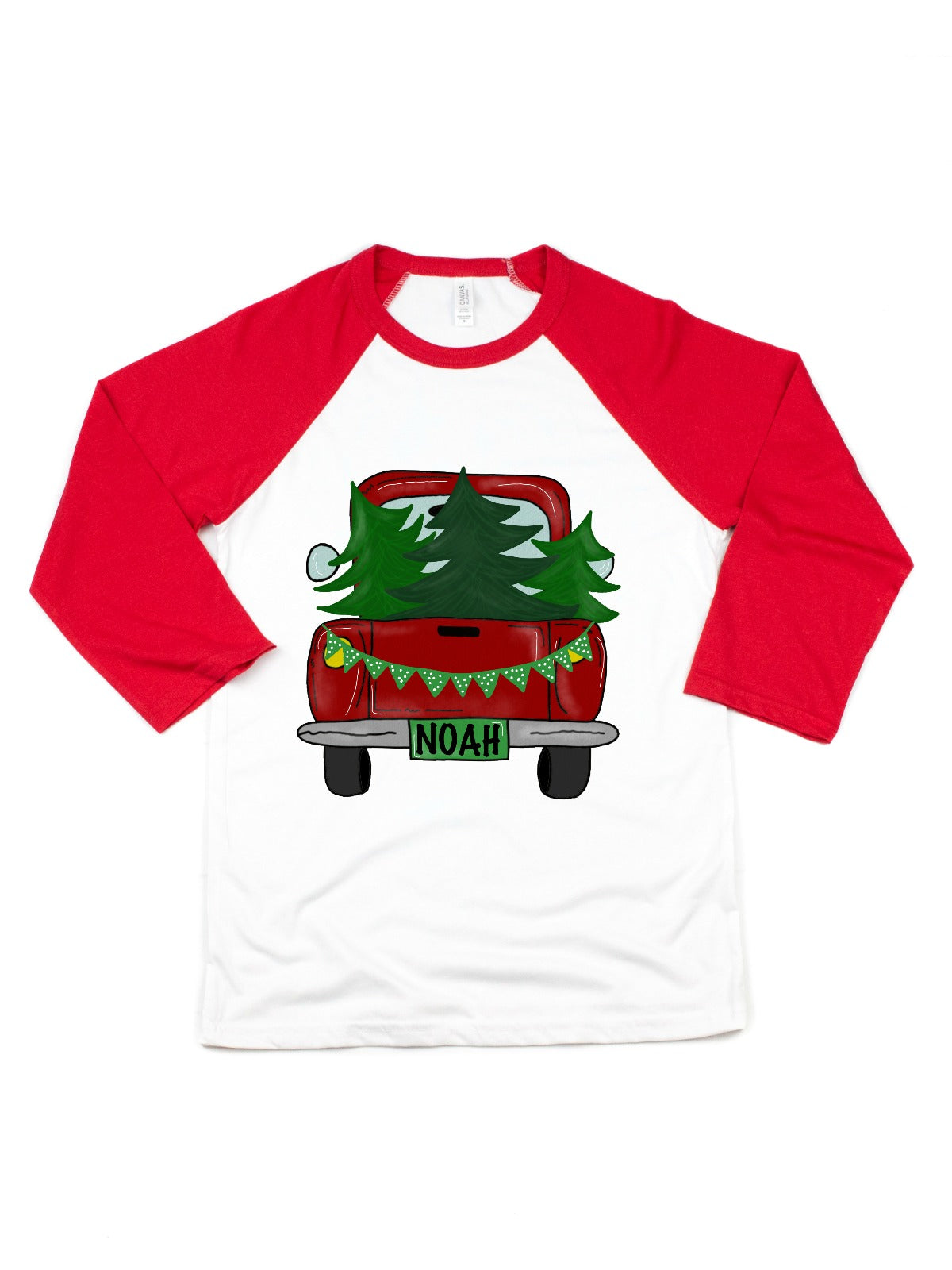 Red and white adult raglan shirt with vintage red Christmas tree truck